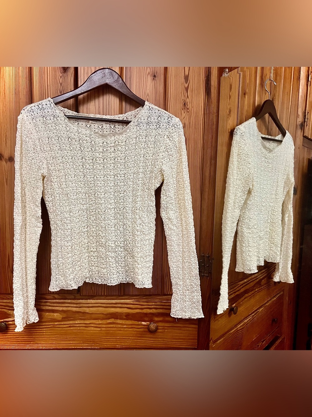 NATURAL LIFE-Cream floral lace long sleeve top, crochet, textured M
